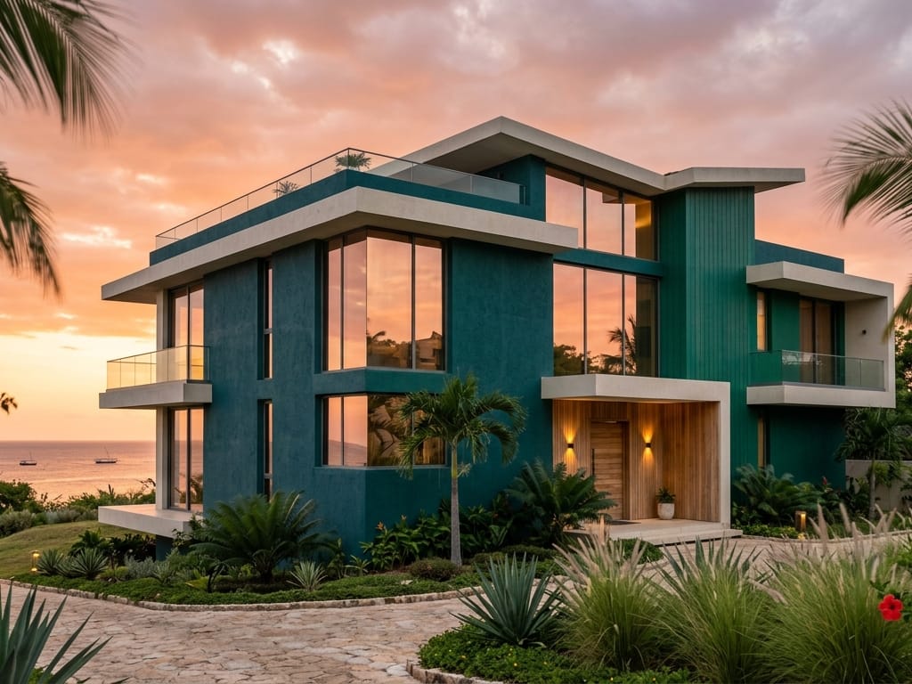 Contemporary East African architecture with deep teal and emerald facades reflecting a warm coral sky