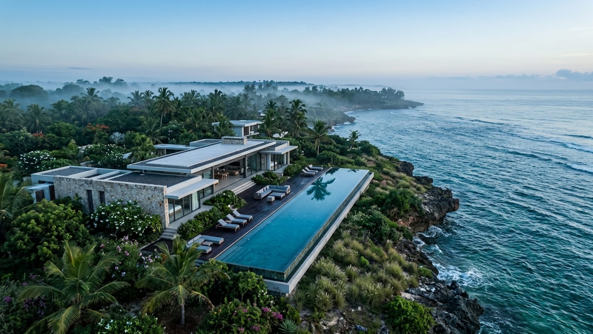 Contemporary coastal villa with infinity pool overlooking the emerald Indian Ocean at dawn