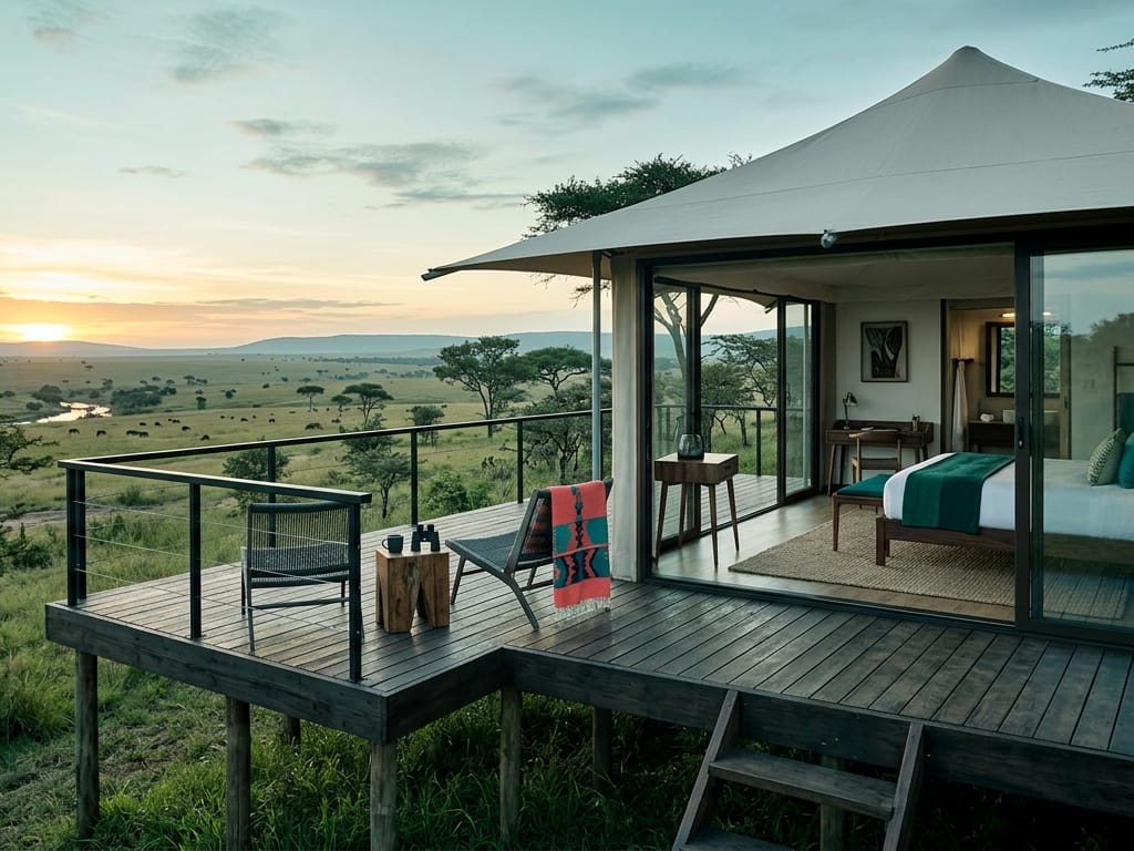 A modern safari tented camp suite on a raised deck overlooking East African plains at dawn, with teal and emerald tones
