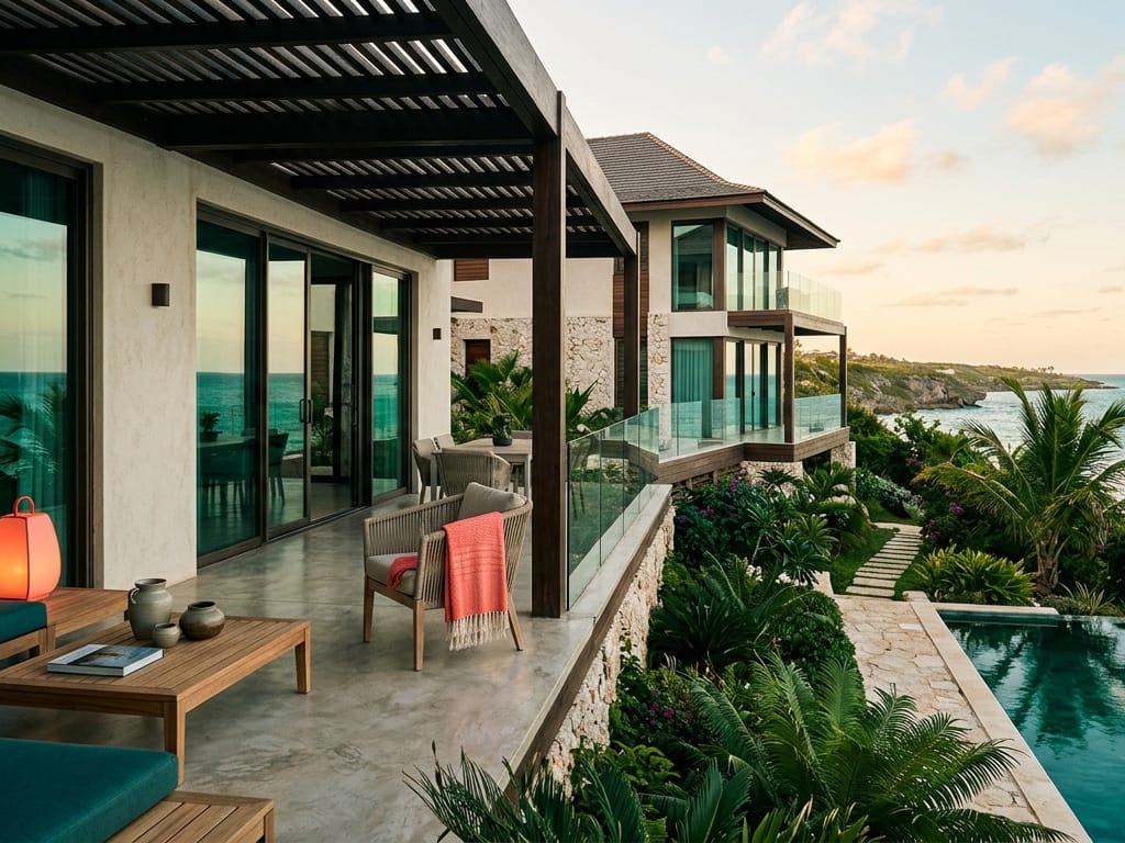 A modern coastal villa with teal and emerald tones, large windows reflecting emerald water, and a covered veranda at golden hour