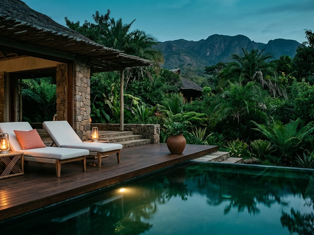A tranquil private retreat with a plunge pool reflecting an emerald sky, lanterns glowing at dusk, surrounded by lush greenery